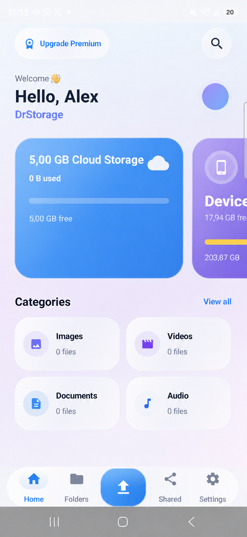 DrStorage home screen showing storage usage and file categories